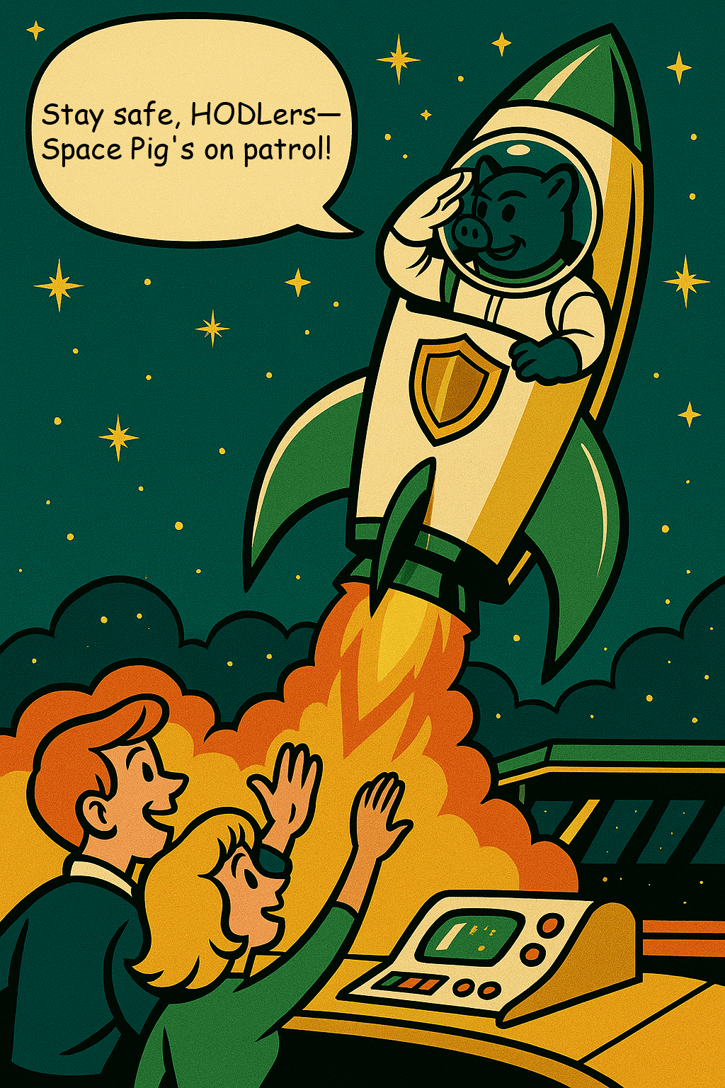 Space Pig salutes from rocket while George and Betsy wave
