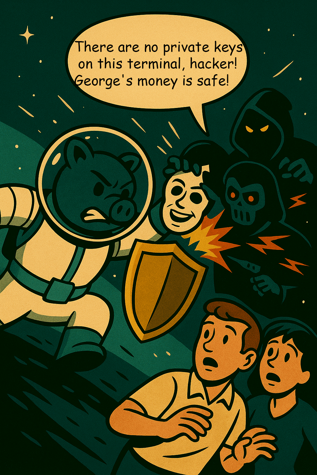 Space Pig blocks robots and rips villain's mask