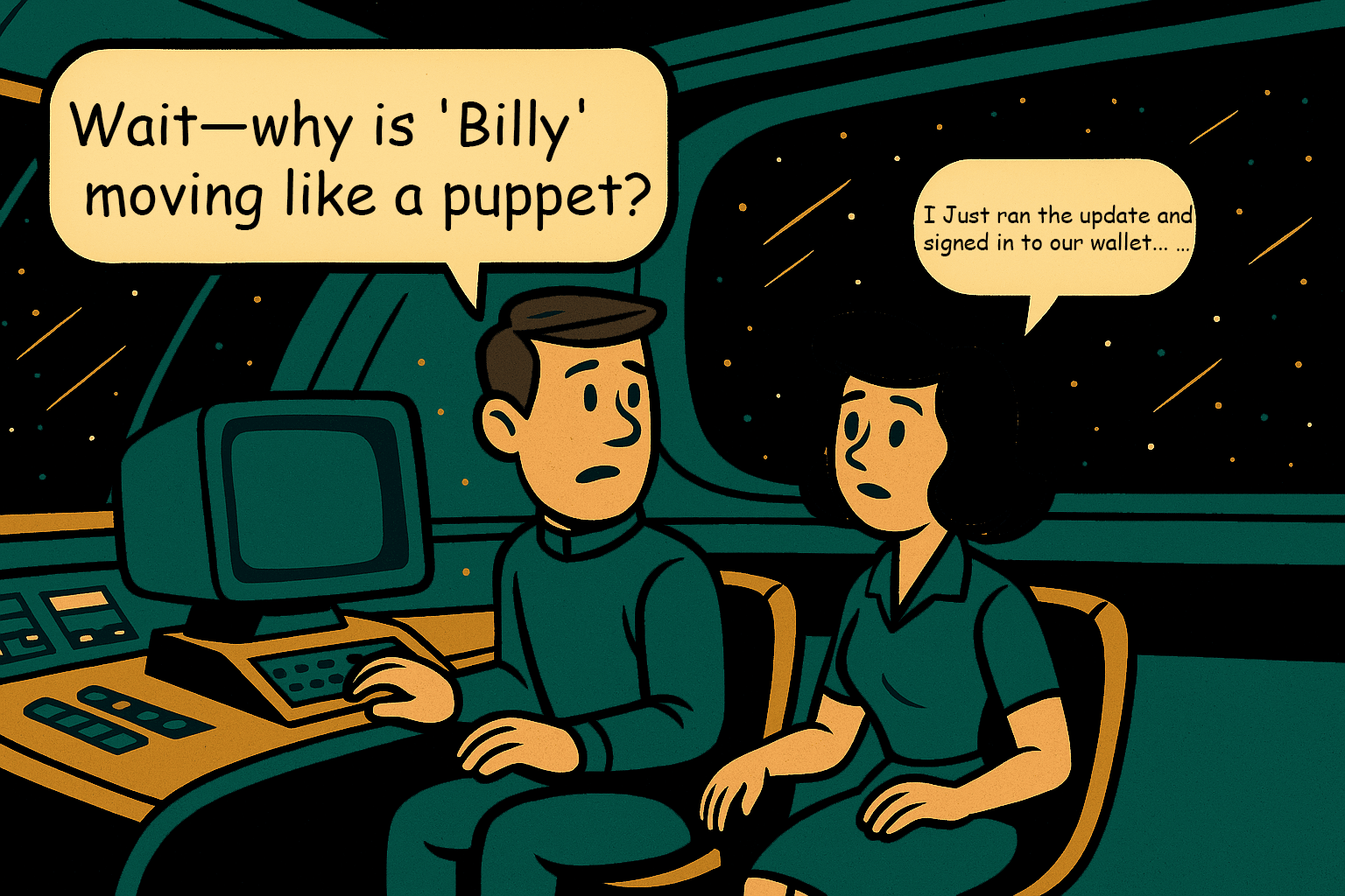 Billy appears as a puppet controlled by hooded scammers