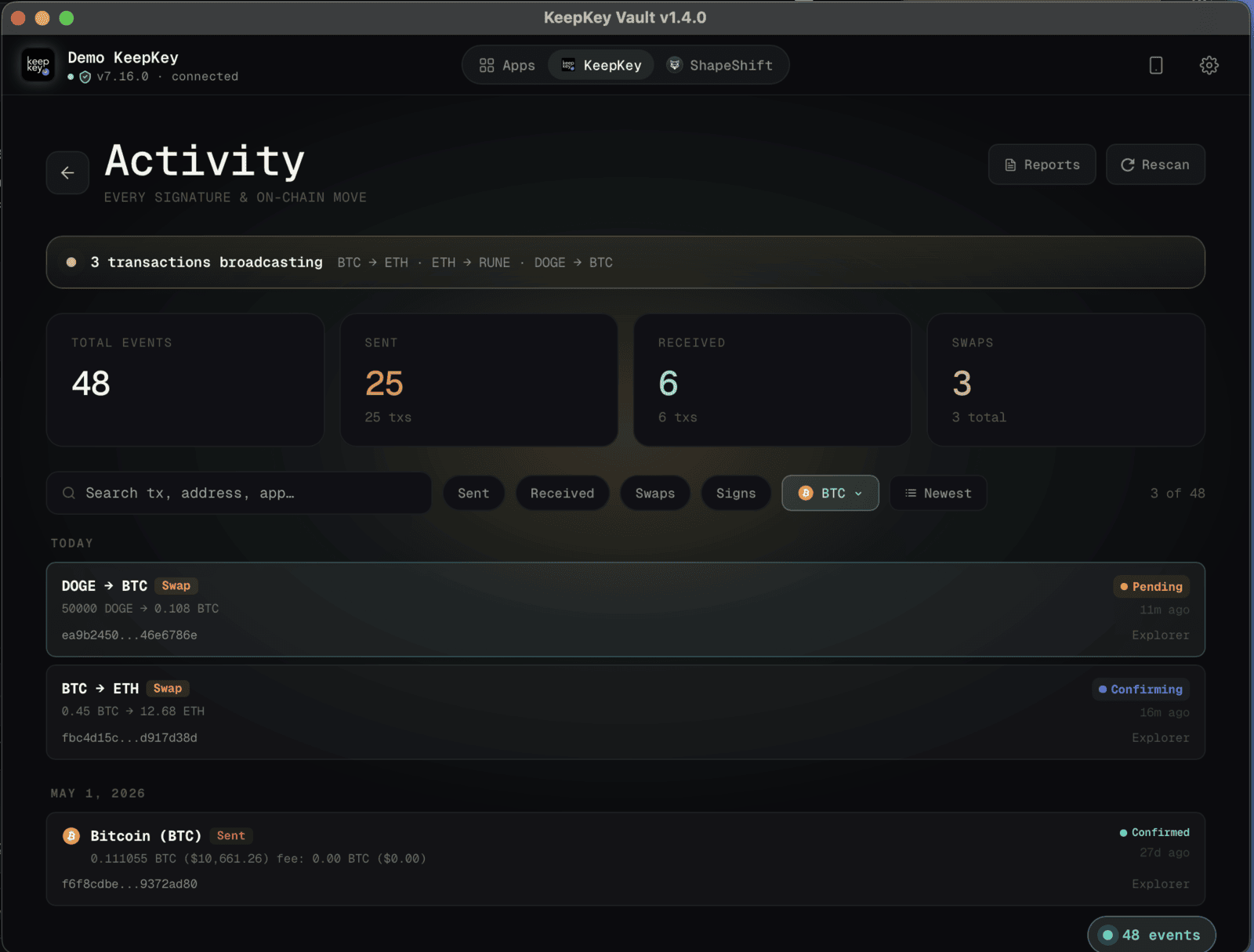 KeepKey Vault activity history with multi-chain transactions and live swap status