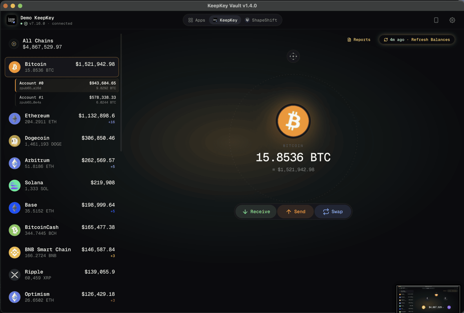 KeepKey Vault Bitcoin asset detail with accounts and address types