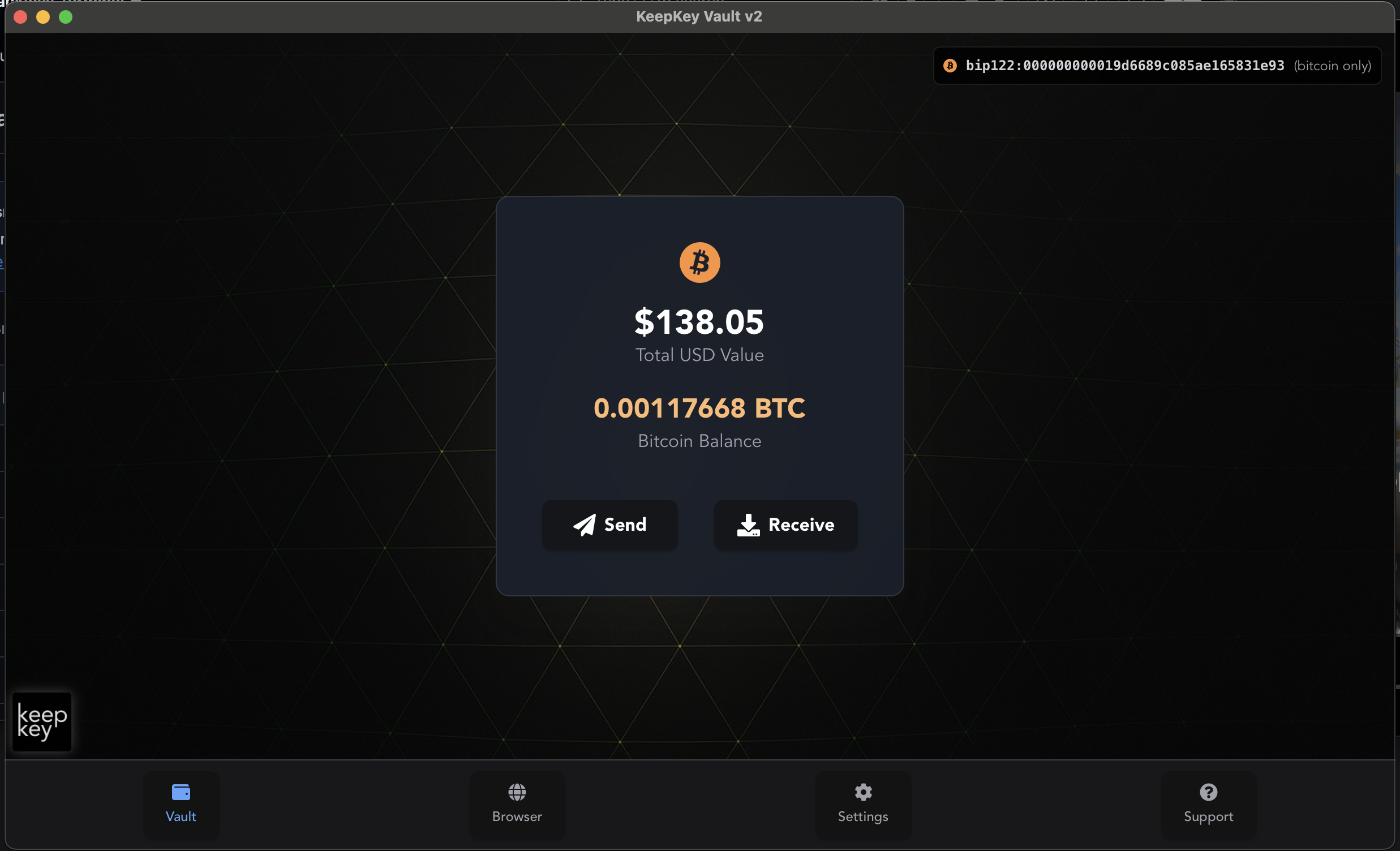KeepKey Vault main dashboard with Bitcoin balance