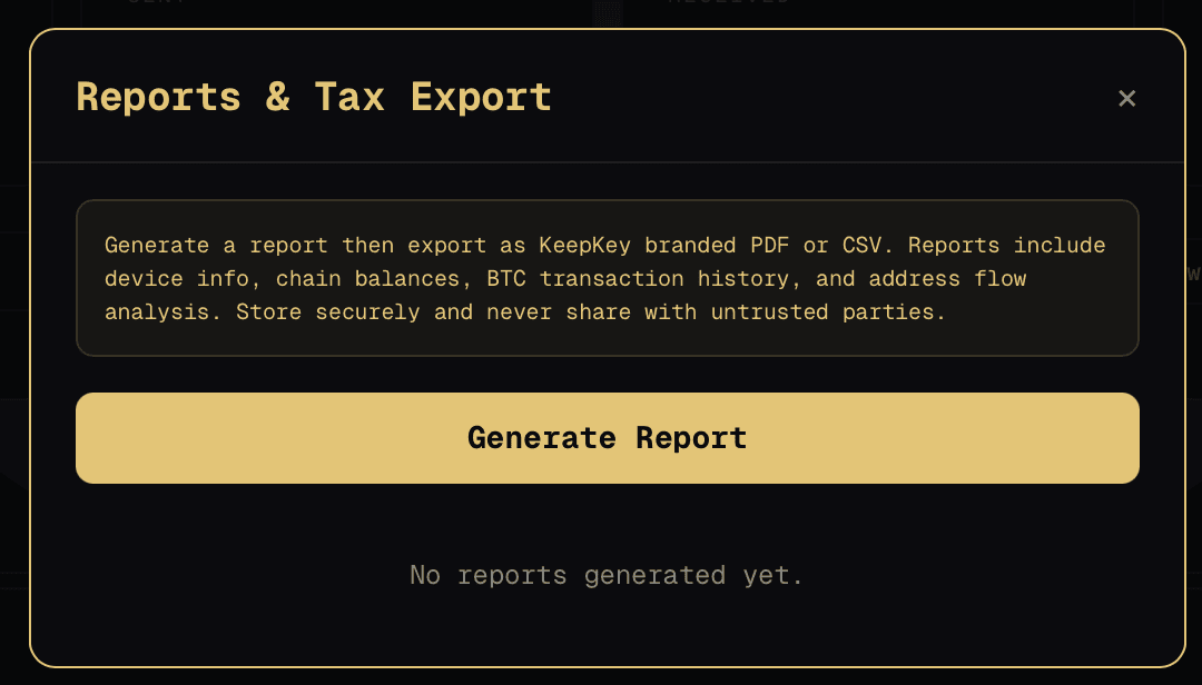 KeepKey Vault reports and tax export panel