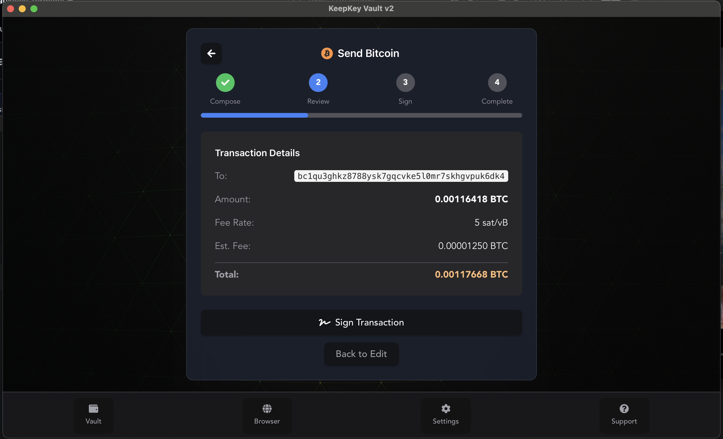 KeepKey Vault transaction review screen