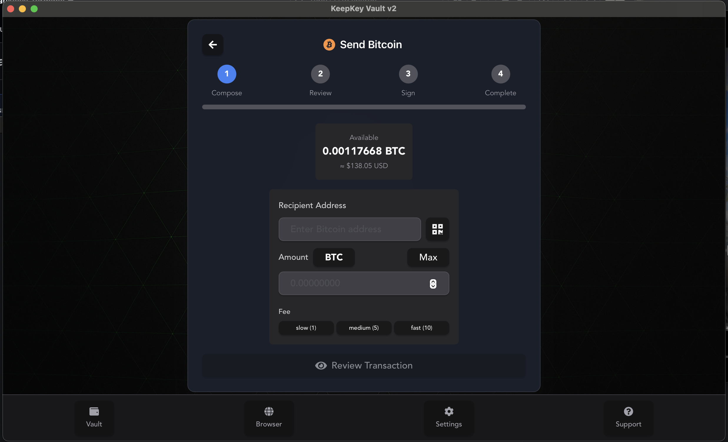 KeepKey Vault send Bitcoin interface