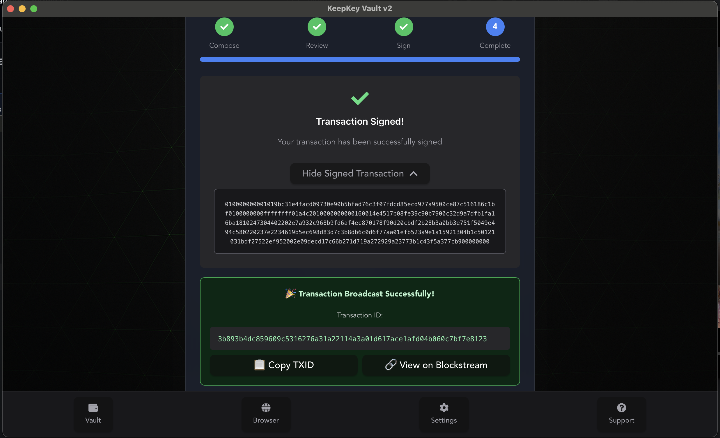 KeepKey Vault transaction signed successfully