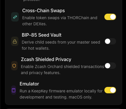 Vault settings showing Zcash Shielded Privacy feature toggle